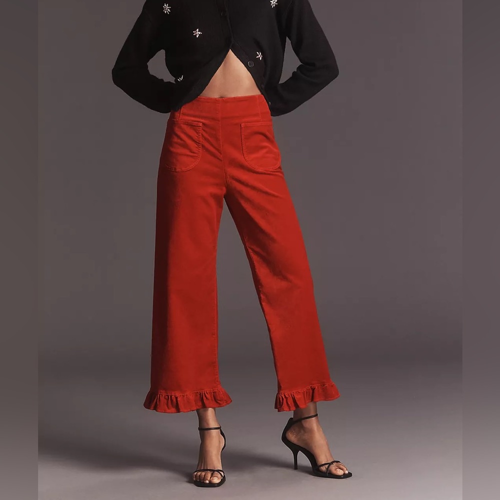 NWT Anthropologie Size 25 The Colette Crop Velvet Ruffle-Hem Pants by Maeve